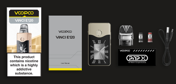 VooPoo Vinci E120 Kit Pod System – contenu de la boîte avec pod, cartouche, résistances et câble USB-C
