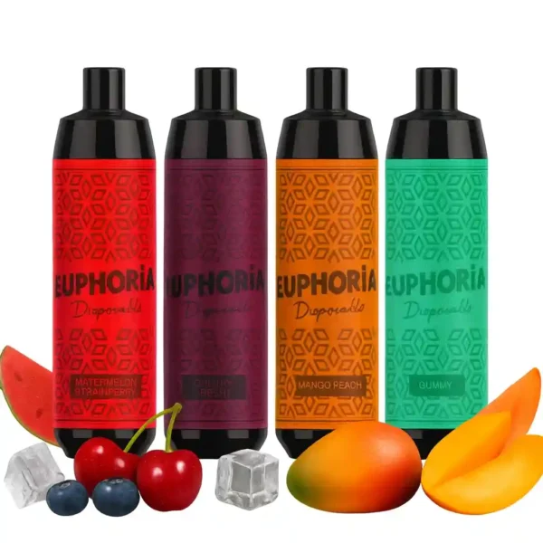 E-Cigarette Jetable Euphoria DTL Hooqah Clouds 8000 puff – 5 mg/ml nicotine, saveurs fruitées Mango Peach, Cherry, Gummy et Watermelon Strawberry, disponible chez Agadir Vapes Maroc