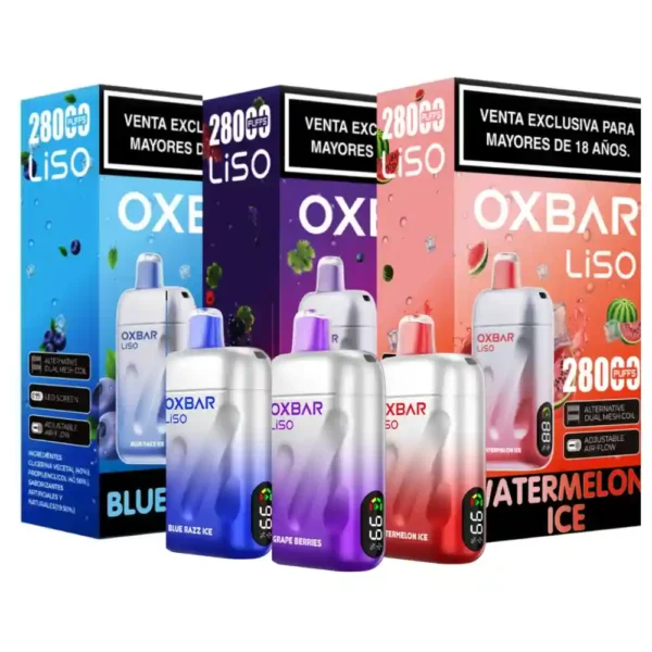 E-cigarette jetable Oxbar Liso 28K Puffs 5 % – Peach Ice, Banana Coconut et Blue Razz Candy – Vape longue durée premium au Maroc