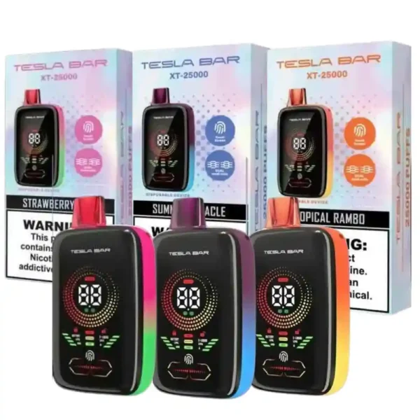 E-Cigarette Jetable Tesla Bar XT25000 – 2% nicotine, pod rechargeable avec écran LED et saveurs fruitées, disponible chez Agadir Vapes à Agadir Maroc