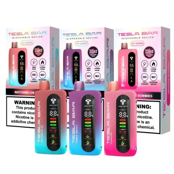 Tesla Bar XT23000 Puff e-cigarette jetable 23000 bouffées double coil saveurs Watermelon Ice, Summer Miracle et Rainbow Gummies