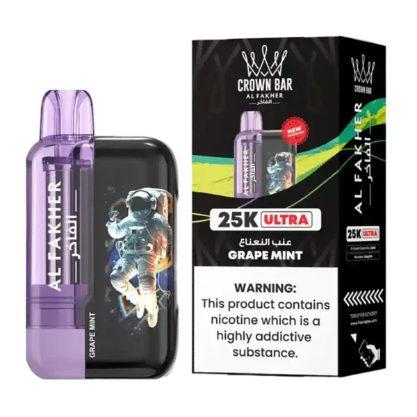 AL Fakher Crown Bar 25K Puffs Ultra 5mg e-cigarette jetable saveur Grape Mint avec 25 000 bouffées, 0,5 % de nicotine et recharge USB-C disponible au Maroc