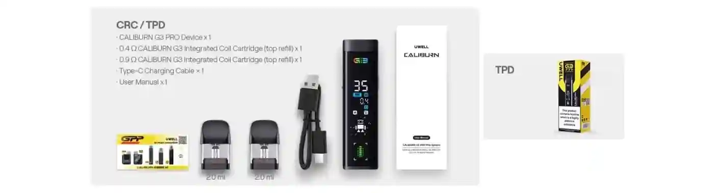 Uwell Caliburn G3 Pro Pod Vape Kit – contenu de la boîte avec appareil, pods, câble Type-C et manuel utilisateur