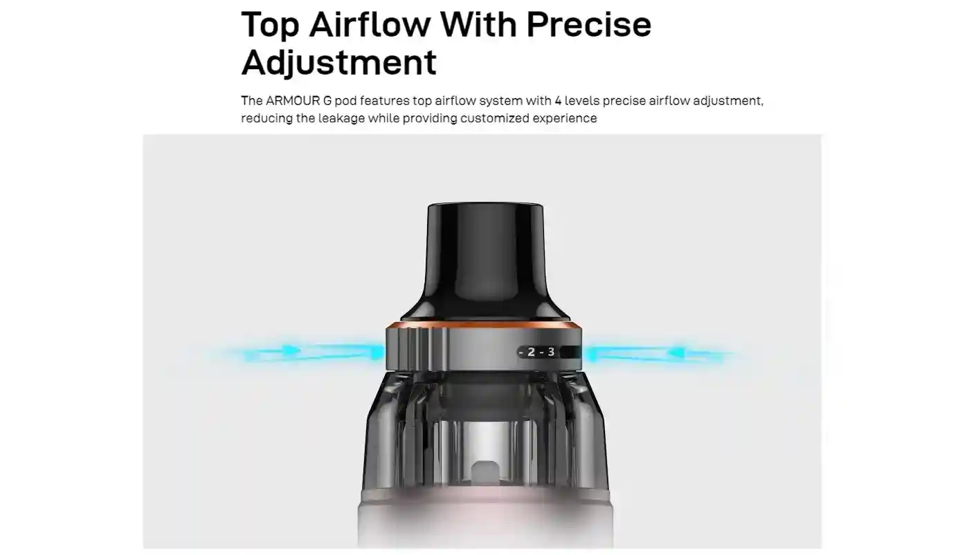 Vaporesso Armour G Pod Kit – Système d’airflow supérieur à 4 niveaux pour un tirage précis