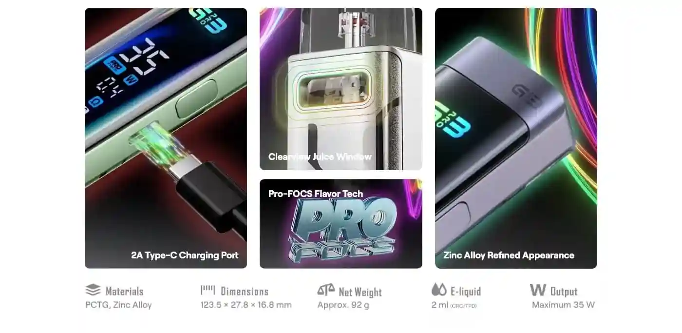 Uwell Caliburn G3 Pro Pod Vape Kit – port de charge Type-C 2A, fenêtre ClearView et technologie Pro-FOCS