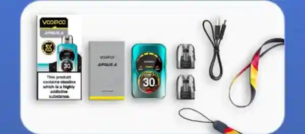 Contenu du pack VooPoo Argus A Pod System Kit avec cartouches, câble USB Type-C et tour de cou
