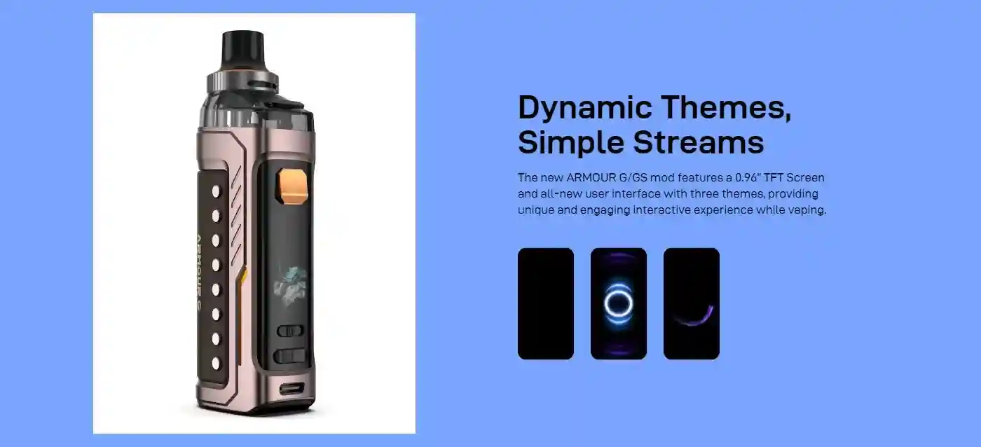 Vaporesso Armour G Pod Kit – Écran TFT couleur de 0,96" avec interface dynamique et thèmes personnalisables