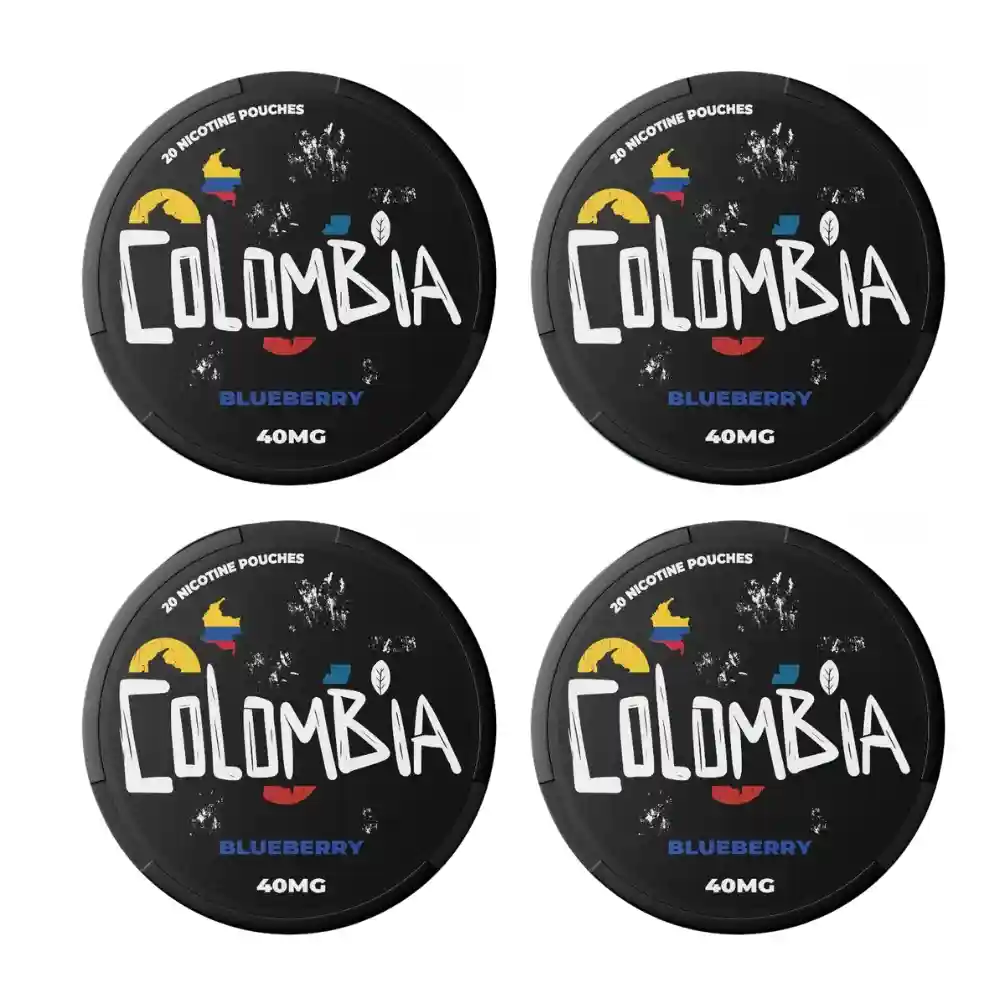 Image de quatre boîtes de Colombia Blueberry 40mg Nicotine Pouche présentées en lot.
