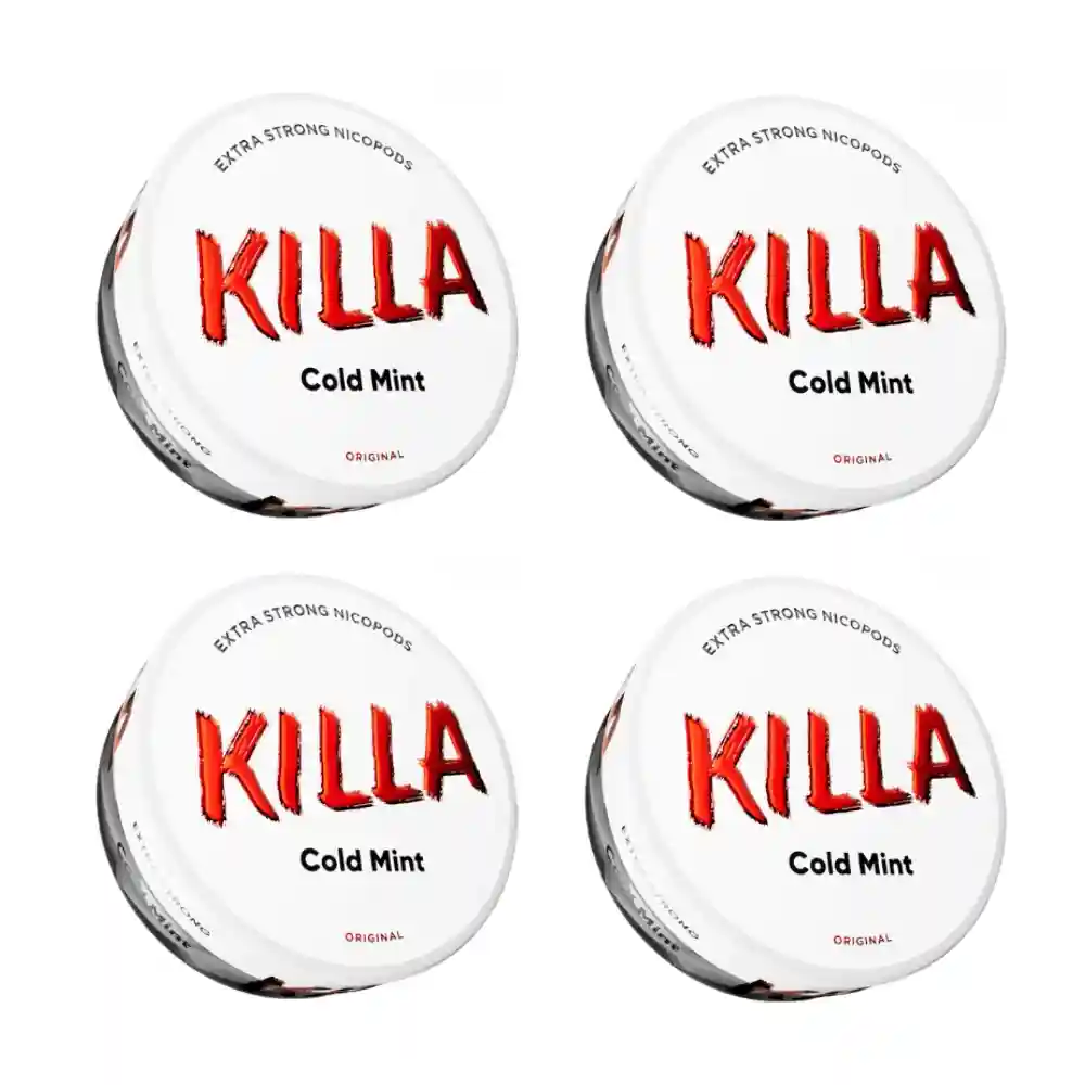 KILLA Cold Mint 16mg Nicotine Pouche pack de 4 boîtes sur fond blanc