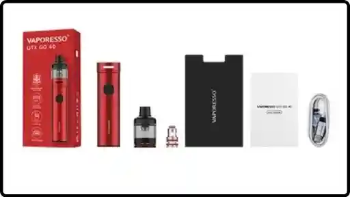 Image du contenu complet du kit Vaporesso GTX GO 40 comprenant la batterie, la cartouche, la résistance GTX, le câble USB-C, le manuel et la boîte.