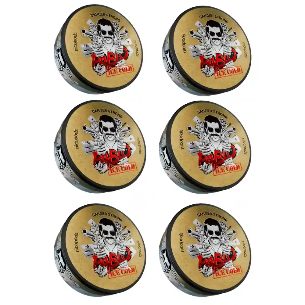 Image de six boîtes de PABLO Ice Cold 30mg Nicotine Pouche présentées en pack pour illustrer un lot multi-pièces.