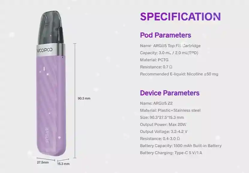VooPoo Argus Z2 Pod System Kit avec détails techniques et spécifications complètes