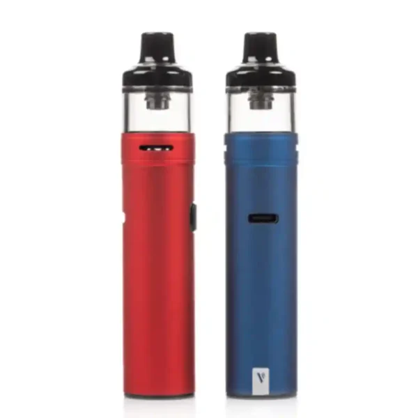 Deux pods Vaporesso GTX GO 40 Kit en couleurs rouge et bleu, montrant le design simple avec airflow et port USB-C.