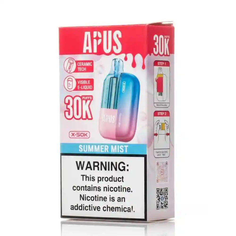 Apus X 50K Puff – E-Cigarette Vape Jetable 5% Nicotine packaging officiel avec avertissement nicotine et saveur Summer Mist