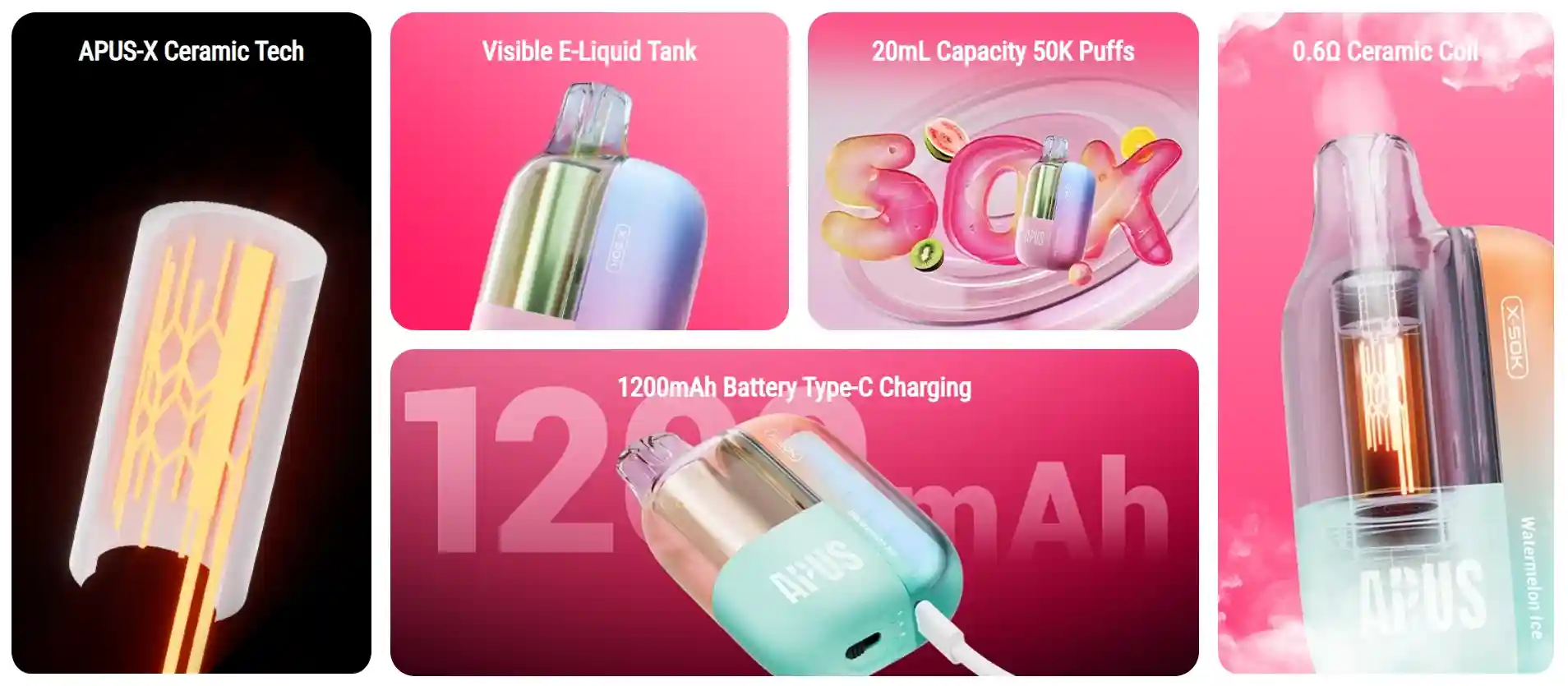 Apus X 50K Puff – E-Cigarette Vape Jetable 5% Nicotine avec technologie céramique, batterie 1200mAh et réservoir visible