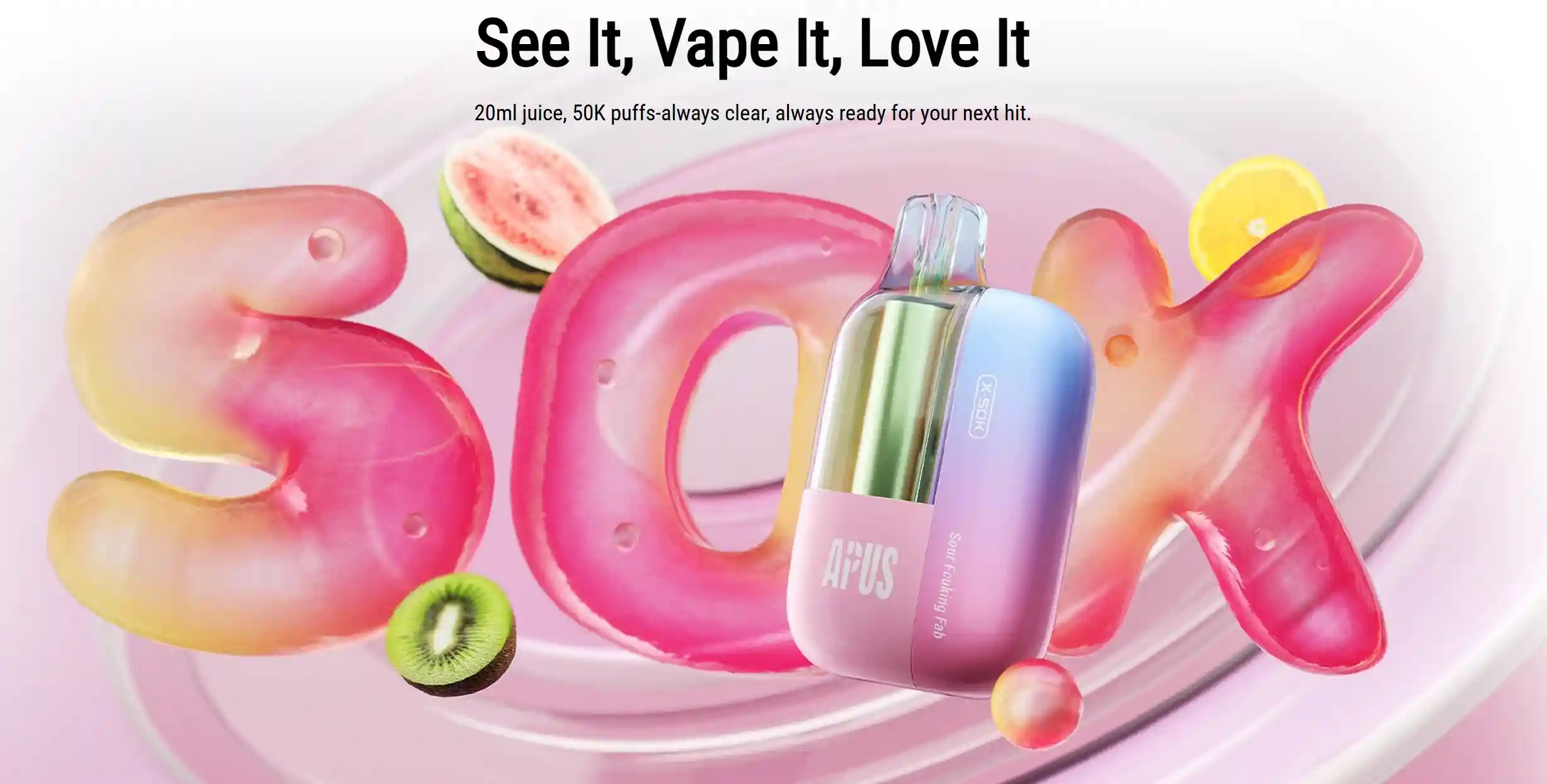 Apus X 50K Puff – E-Cigarette Vape Jetable 5% Nicotine avec réservoir visible 20 ml et design coloré