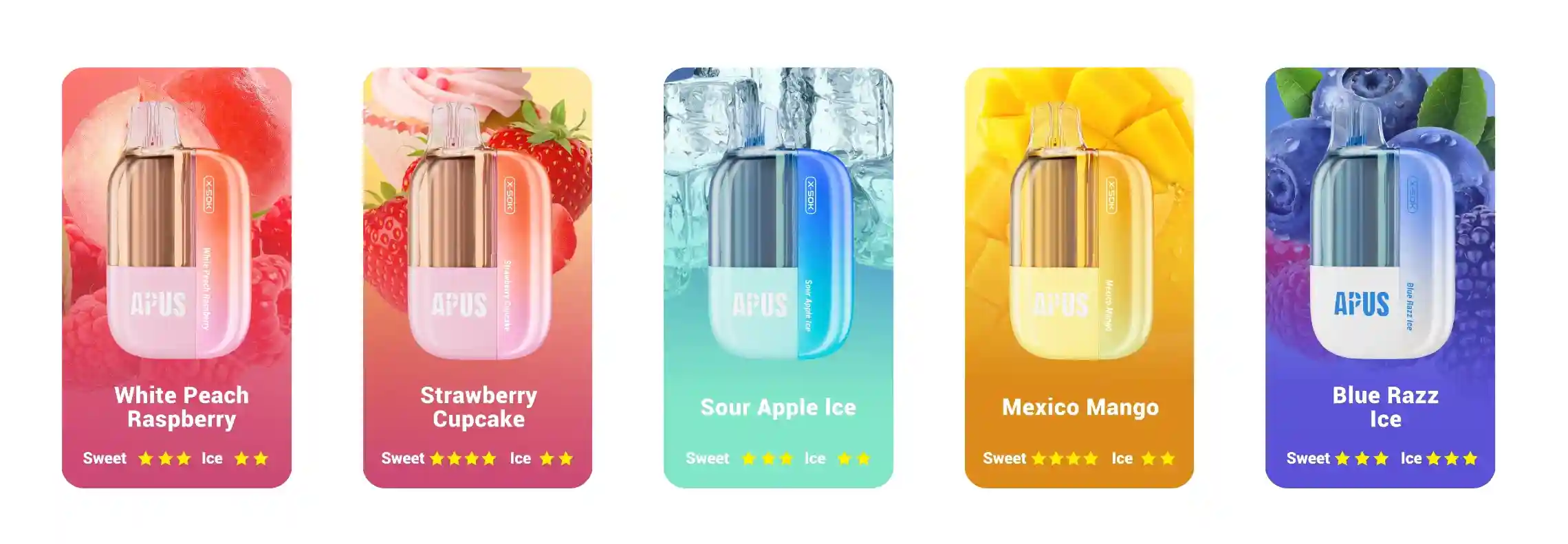 Apus X 50K Puff – E-Cigarette Vape Jetable 5% Nicotine avec saveurs White Peach Raspberry, Strawberry Cupcake, Sour Apple Ice, Mexico Mango et Blue Razz Ice