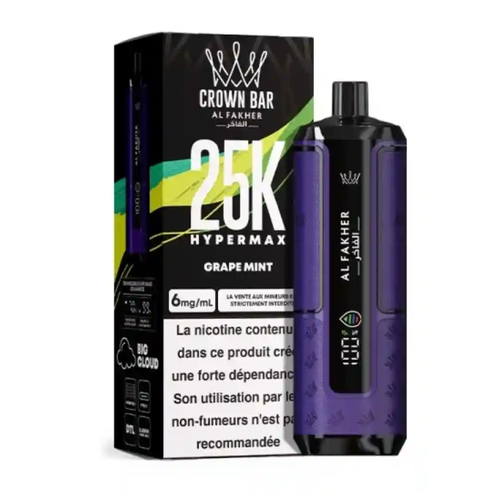 Al Fakher Crown Bar Hypermax 25K Puff Vape Jetable Grape Mint avec boîte officielle et appareil violet